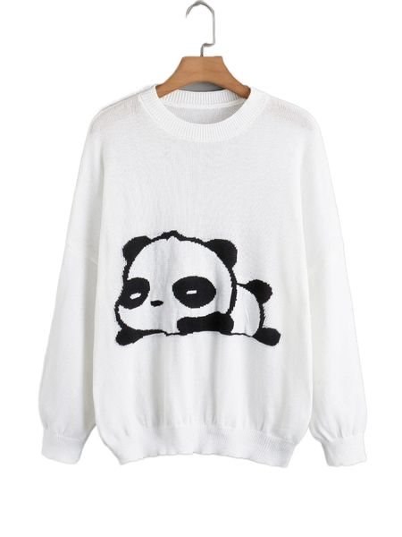 

plus panda pattern drop shoulder sweater k6bm#, Black