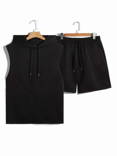 

men drawstring hooded tank & shorts set 17hs#, Gray