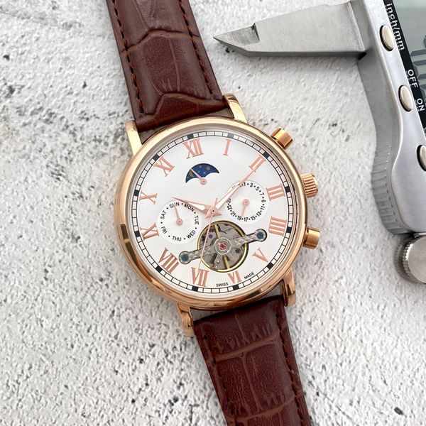 

genuine leather fashion luxury wristwatches mens watch mechanical automatic daydate flywheel moon phase watches for men christmas father&#03, Slivery;brown