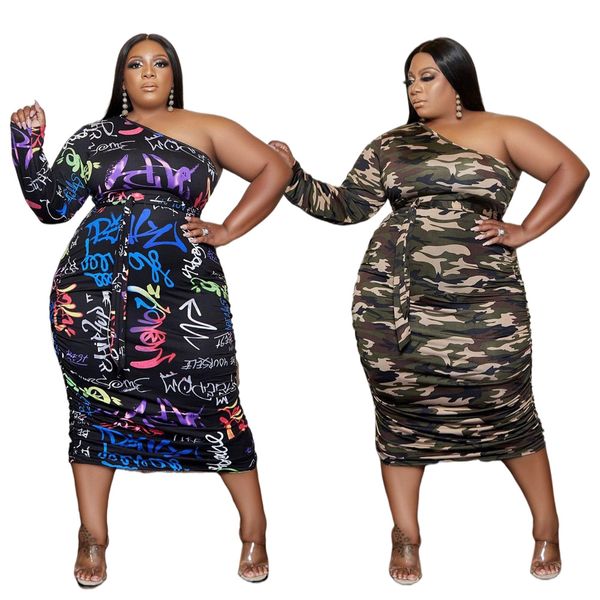 

2022 big size l-5xl dress colorful letter print one shoulder long sleeve midi dress spring summer women skinny dresses vintage vestidos clot, Black;gray