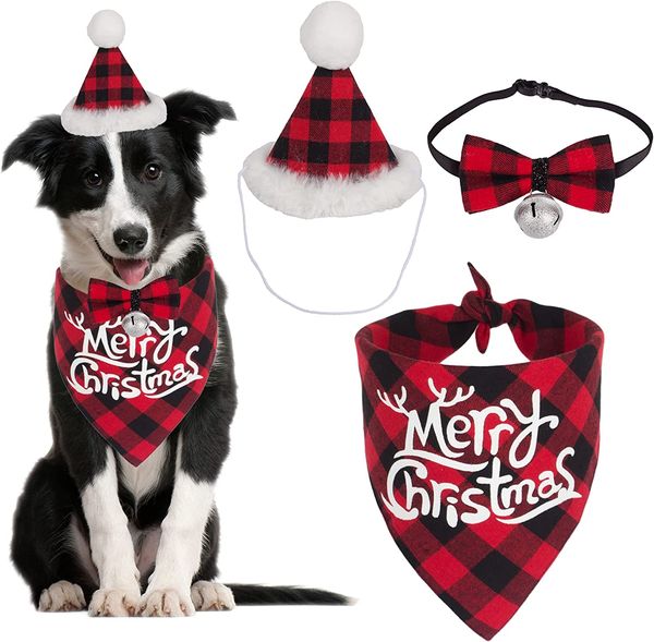 Cappello a bandana per cani natalizi Buffalo Plaid Cat Cappelli natalizi Sciarpa Bavaglini triangolari Fazzoletto Bandane natalizie per cani di taglia piccola e media Animali domestici