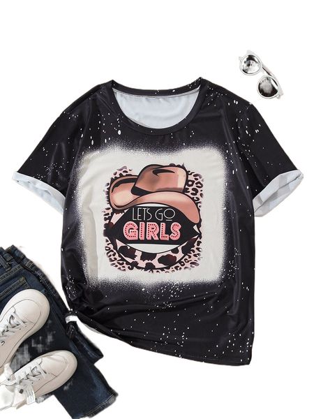 

plus 1pc leopard & slogan graphic tee d9ac#, Black