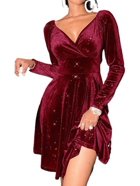 

sxy surplice neck velvet a-line dress 03pl#, Black;gray