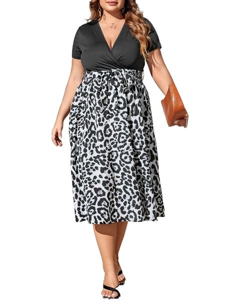 

plus leopard print belted dress 716u#, Black