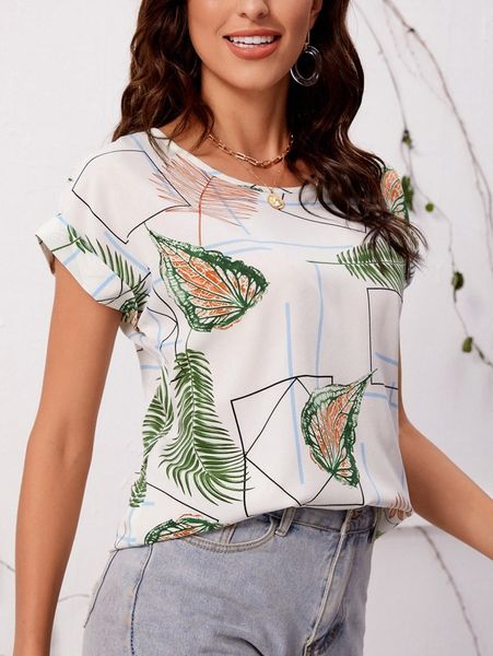 

tropical print batwing sleeve blouse w5mw#, White