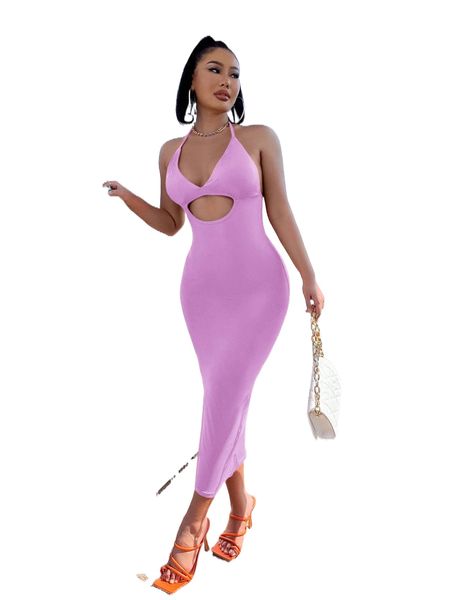 

sxy solid cut out halter neck dress p3ya#, Black;gray