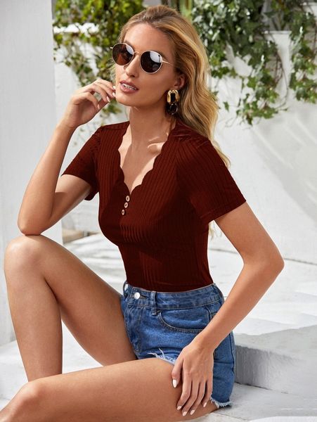 

scallop edge v-neck button detail rib-knit tee a5ik#, White