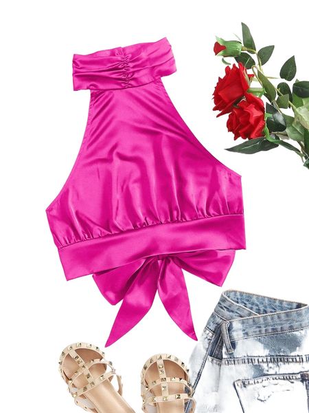 

ruched halterneck tied backless crop v4lh#, White