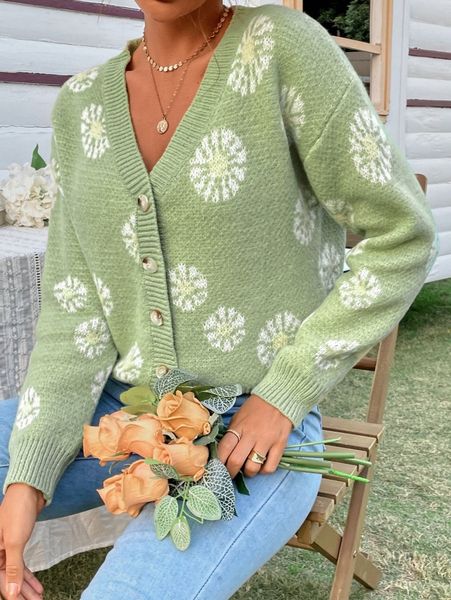 

dandelion pattern drop shoulder cardigan 11lf#, White;black