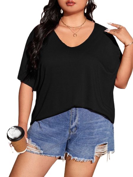 

plus solid batwing sleeve t-shirt u5uc#, Black