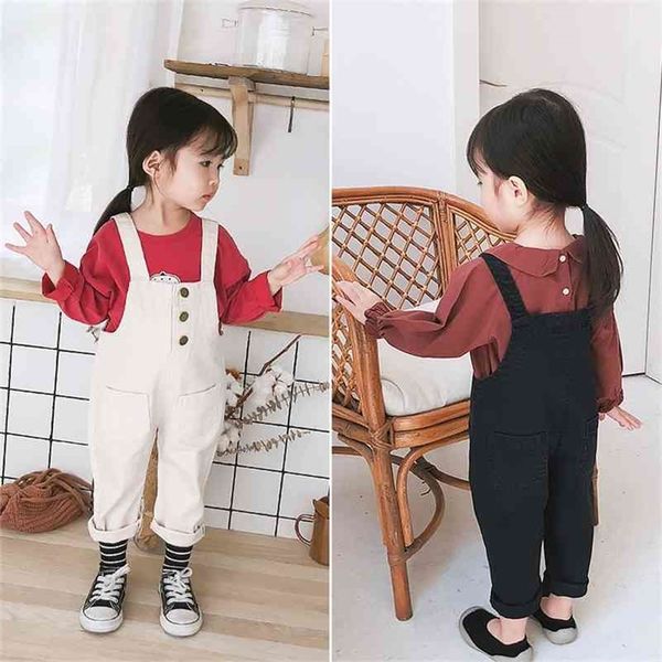 Koreanischer Stil Herbstmode Knopfoveralls für Babys, Kleinkinder, Kinder, Baumwolle, einfarbig, Overalls, Trägerhose 210708