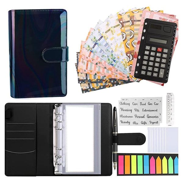 Binder de orçamento de embrulho para presentes com envelopes com zíper calculadora e cartão de economia de dinheiro PU para dinheiro para recheio