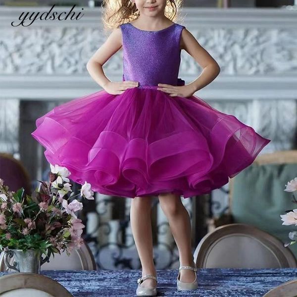 Abiti da ragazza Abiti da ragazza di fiori viola Abiti da ballo con perline Elegante Tulle Backless Principessa Abito da spettacolo per bambini per matrimoni VestidosGirl's