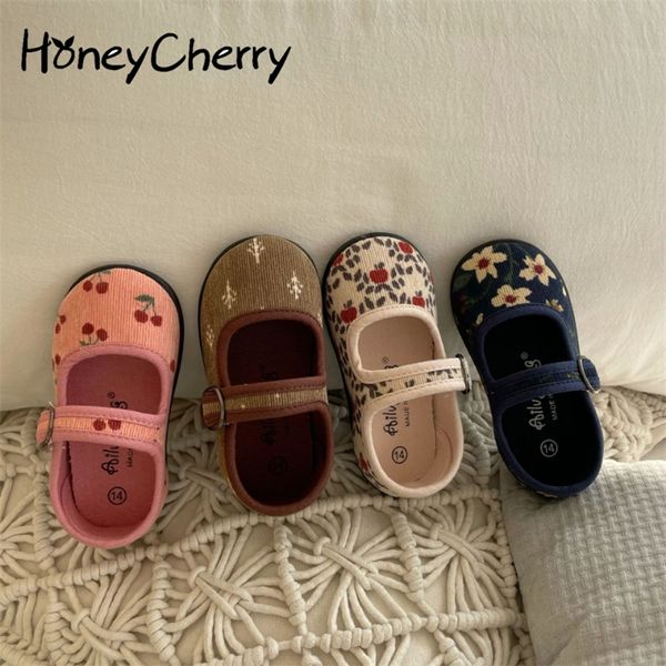 

honeycherry spring corduroy floral canvas shoes girls square mouth indoor shoes soft soled non-slip shoes 220429, Black;red
