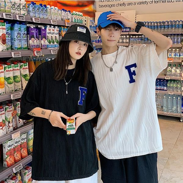 

2022 summer new women's t-shirt loose casual round neck short-sleeved ice fabric texture couple clothes street lazy style solid color a, White