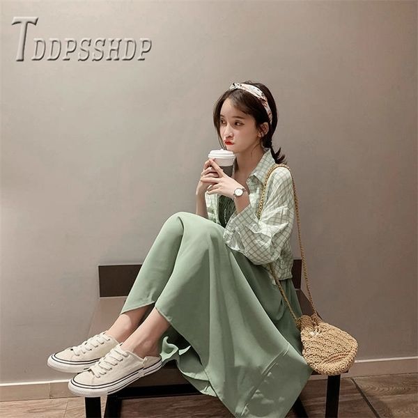 

2019 summer women sets grid blouse and elastic chest dress female sets t200702, White