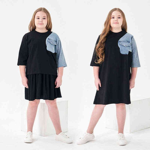 

big girls plus size spring summer cotton denim family mathing dress shirts children fashion casual clothing aa220326, Red;yellow