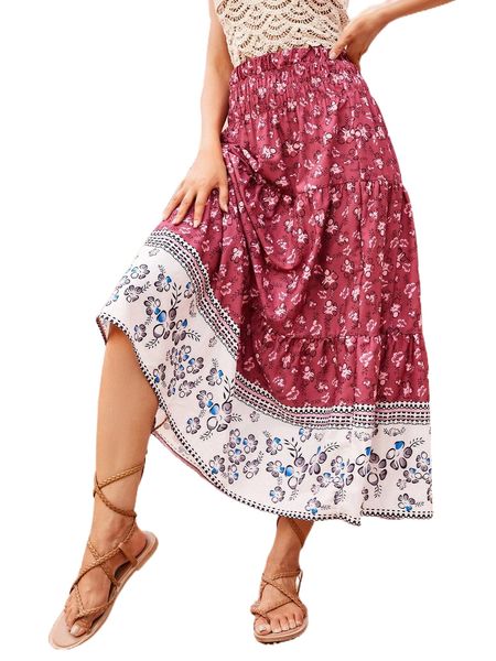 

floral print ruffle hem skirt d6as#, Black