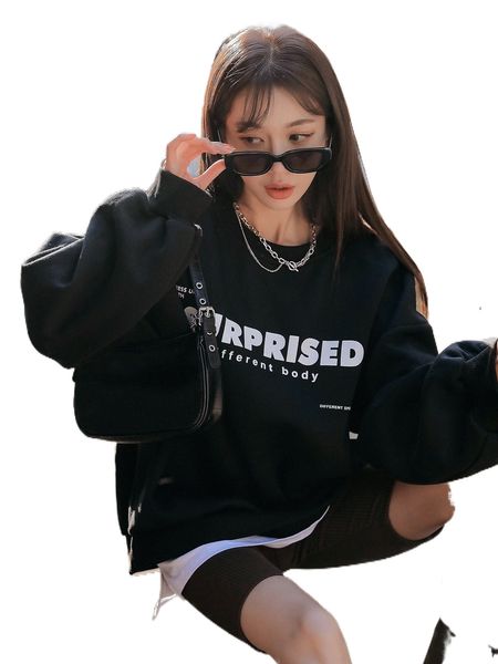 

dazy slogan graphic drop shoulder thermal pullover without tee y1e3#, Black