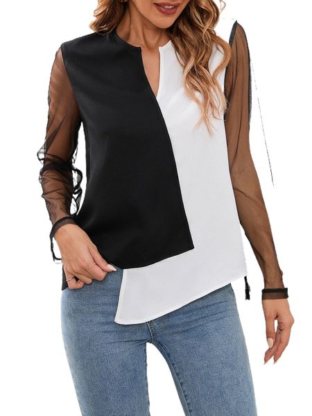 

two tone notched neck contrast mesh asymmetrical hem blouse j81z#, White