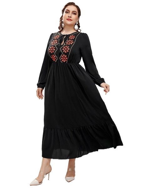 

plus floral embroidery tie neck ruffle hem dress l8j7#, Black