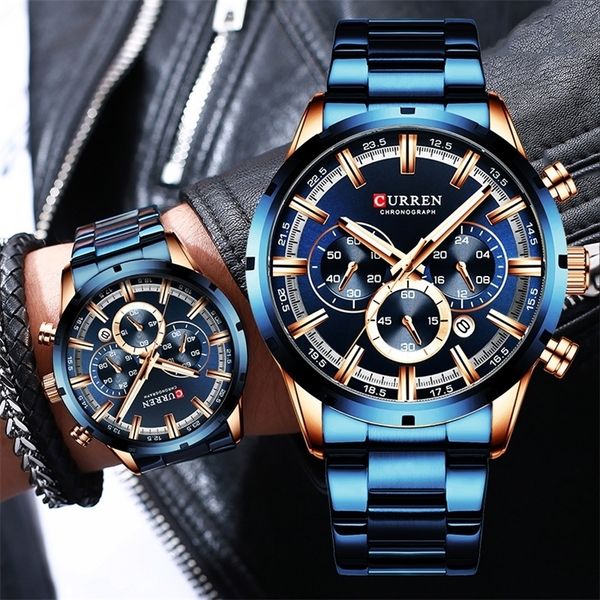 

curren mens watch blue dial stainless steel band date mens business male watches waterproof luxuries men wrist watches for men 220530, Slivery;brown