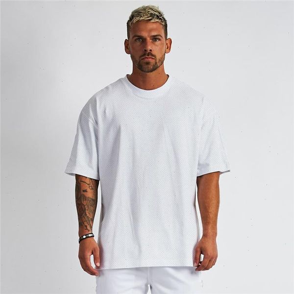 Blank Mesh Fitness Herren Übergroßes T-Shirt Outdoor Hip Hop Streetwear Lose Gym Kleidung Halbarm T-Shirt Bodybuilding