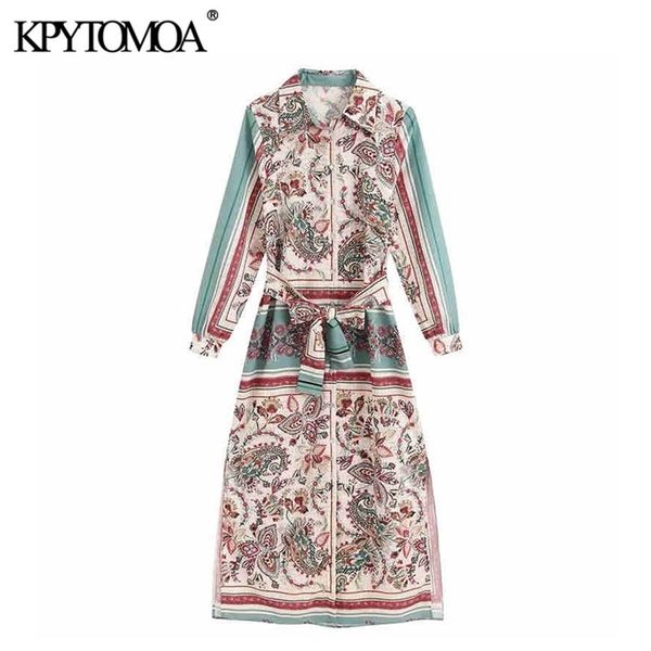 

kpytomoa women elegant fashion printed midi shirt dress vintage bow tie sashes side vents female dresses chic vestidos t200613, Black;gray