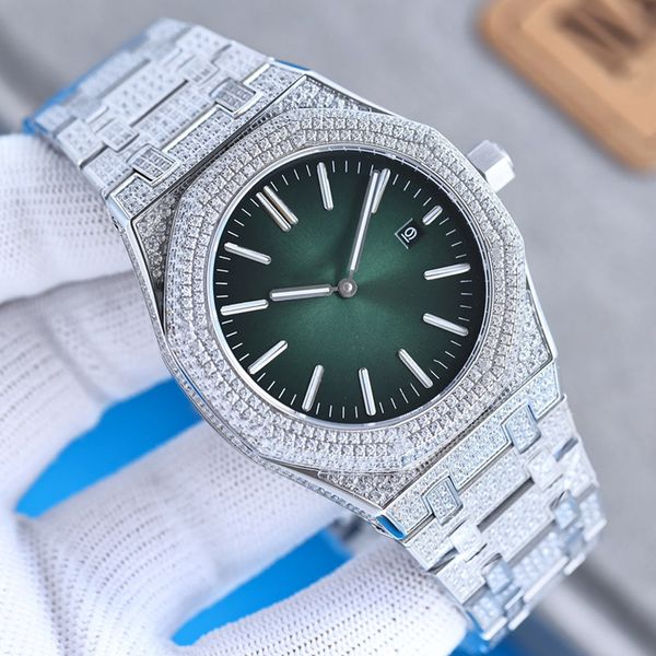 

handmade full of diamonds watch mens automatic mechanical watches 41mm with diamond-studded steel sapphire business wristwatch montre de lux, Slivery;brown