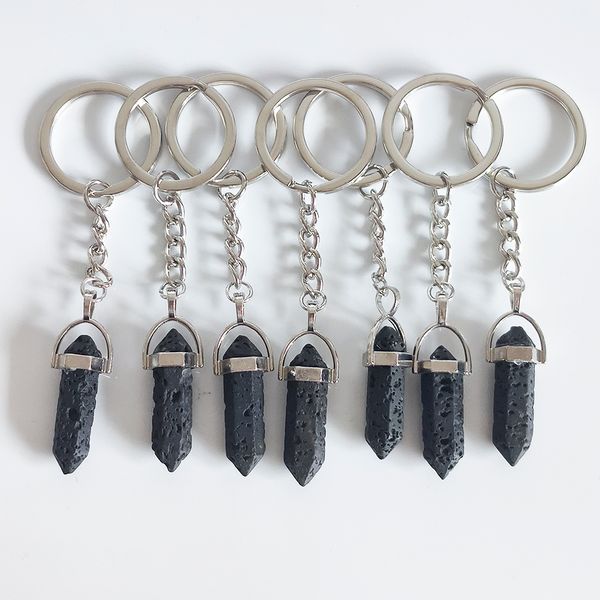 

black lava stone hexagonal prism key rings keychains car decor key chain keyholder for women men, Slivery;golden