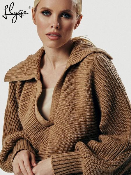 

polo collar loose women sweater jumper knitted fashion long lantern sleeve autumn ladies sweaters pullover 2022 winter knitwear, White;black