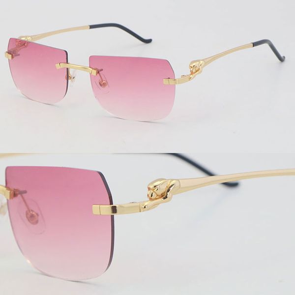 2022 Nuovo modello di moda serie Cheetah Occhiali da sole senza montatura in metallo Oro 18 carati Lenti rosa Occhiali da sole maschili e femminili Design Cat eye Frames Uomo Dimensioni telaio: 57-18-140MM