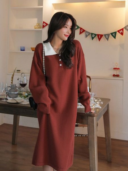 

dazy contrast polo neck drop shoulder sweater dress y9gl#, White;black