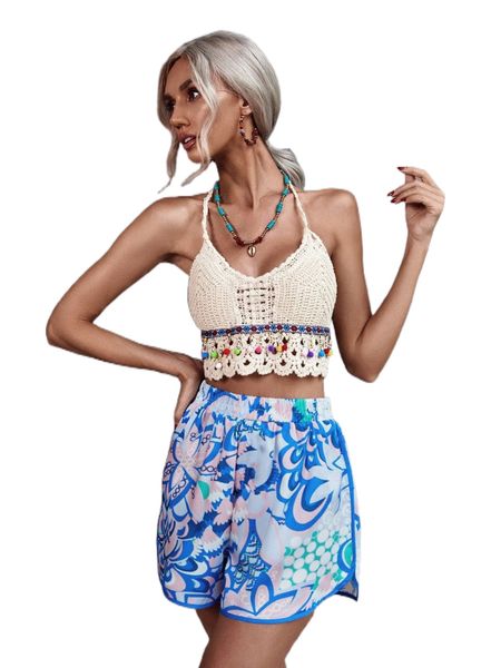 

floral print elastic waist shorts v4ax#, White;black