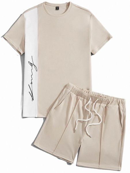 

men letter graphic colorblock tee & drawstring waist shorts r3yl#, Gray