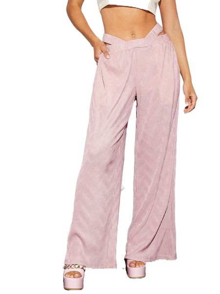 

solid cutout wide leg pants t27w#, Black;white