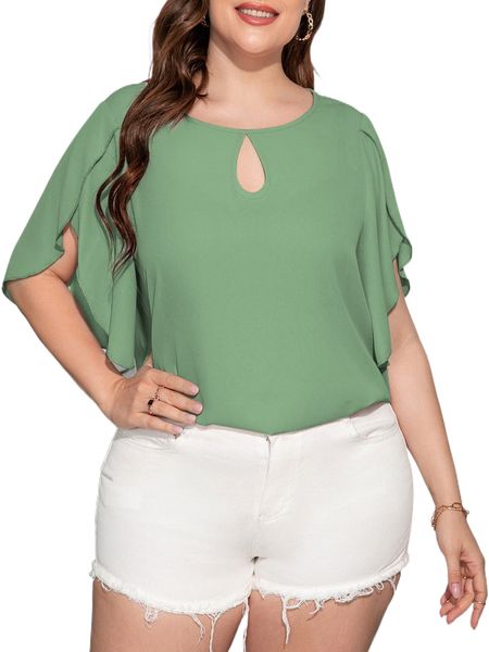 

plus keyhole neck petal sleeve blouse x36q#, Black