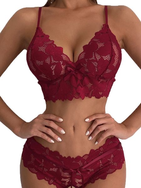 

floral lace bow front lingerie set j8xs#, Black;red