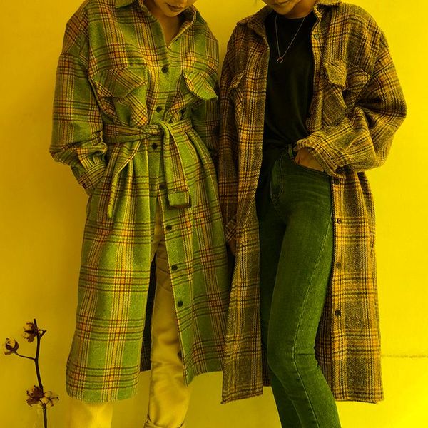Jackets femininos de moda coreana Retro Viagem Wild Contraste contrastante Folicado Lappel Belt Belt Breastted Logo Modelagem Lã Lã Jaqueta de Jaqueta