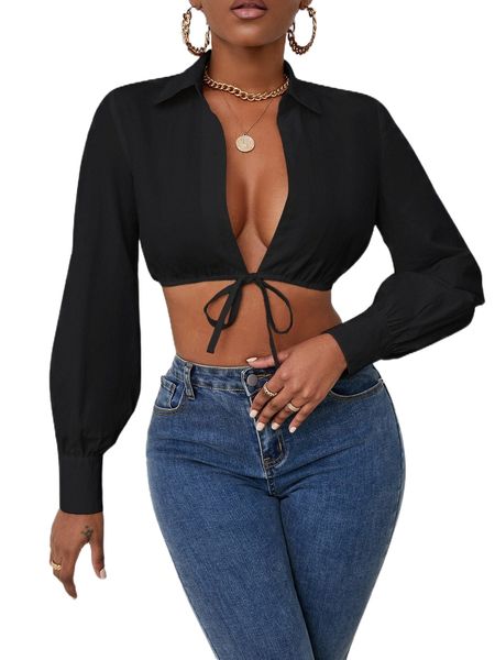 

knot hem crop blouse x5q6#, White
