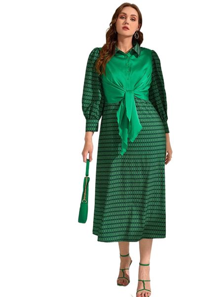 

plus geo print tie front dress n75j#, Black