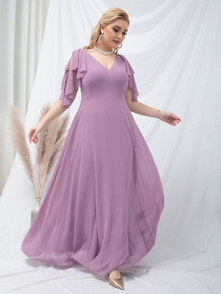 

plus split butterfly sleeve maxi chiffon prom dress d0ko#, Black
