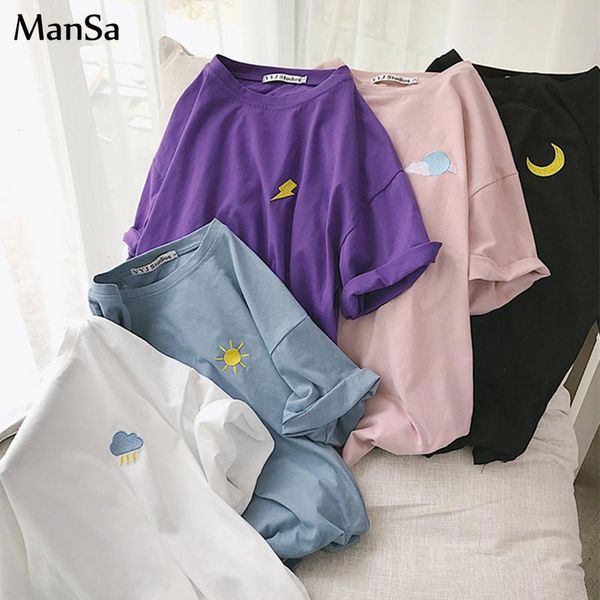 

korean weather embroidery loose basic t shirt summer short sleeve simple t-shirts for women harajuku kawaii funny student, White