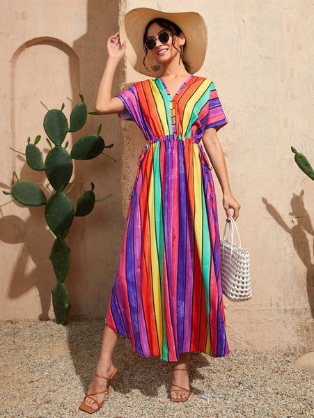 

rainbow striped print knot side asymmetrical hem dress 20ov#, Black;gray