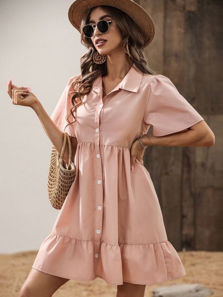 

puff sleeve single breasted ruffle hem dress w96l#, Black;gray