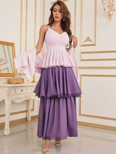 

two tone layered hem cami dress with scarf f3a9#, Black;gray