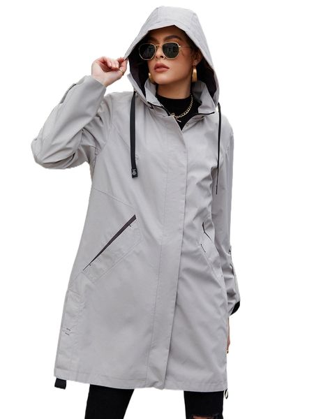 

hailuozi zipper front drawstring hooded coat a2hl#, Black