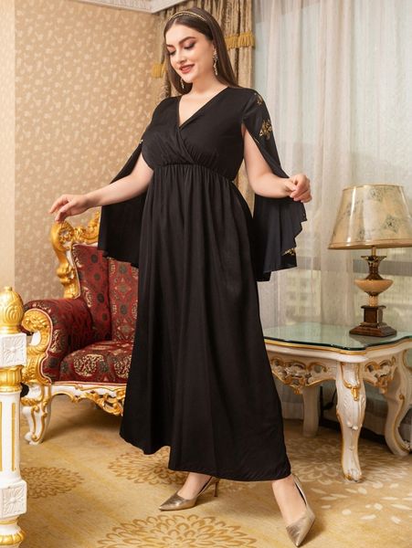 

plus gold floral print cloak sleeve dress p2pp#, Black