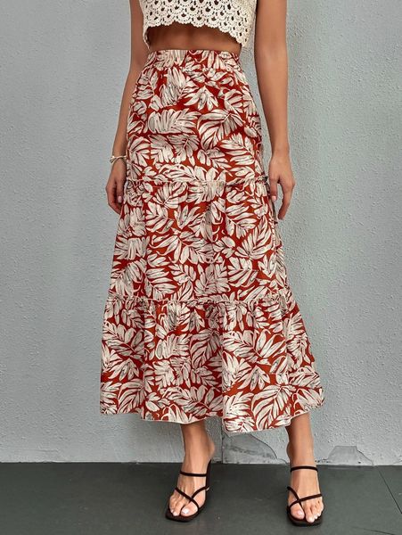 

allover tropical print layered skirt i8c9#, Black