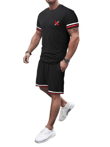 

men striped trim tee & drawstring waist shorts d1oc#, Gray